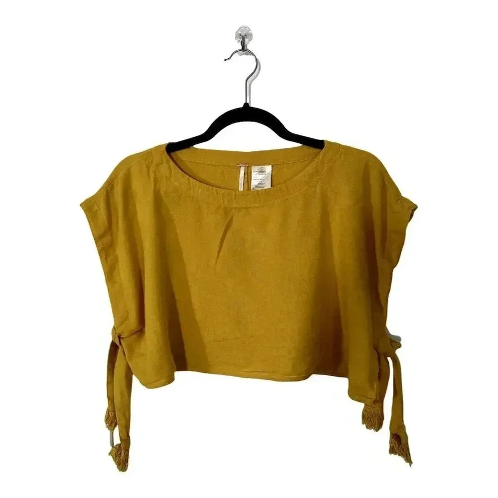 Free People Women's Gold Yellow Crop Blouse S Petites Boxy Fit Tie Details #003 - Picture 1 of 3